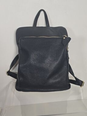 L.CREDI Convertible Black Leather Backpack with Front Zip Pocket